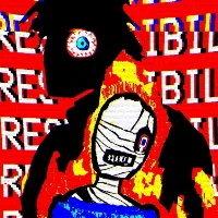 Curly burning inside the silhouette of Jimmy. The background has "TAKE RESPONSIBILITY" displayed over and over. Both characters are from the game Mouthwashing.